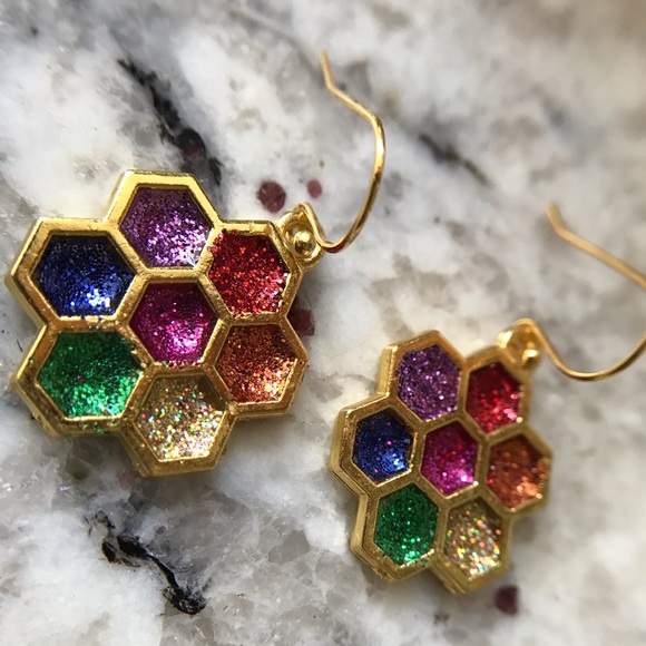Earring - multi-colored honeycomb glitter - Picture 4 of 4